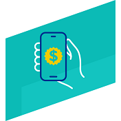 light blue icon of a hand holding a smart phone with a dollar sign icon on it