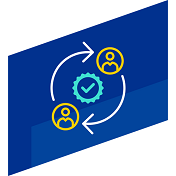 blue icon of two people with arrows pointing at each other indicating a cycle with a checkmark icon in the middle