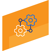 Orange icon with two gears in opposite corners of a square