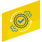 Yellow icon with a ribbon that has a checkmark in the middle with two arrows circling around the ribbon and two gears behind everything