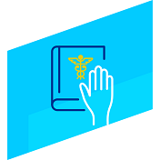 light blue icon of a hand on touching a medical book with the caduceus symbol on it