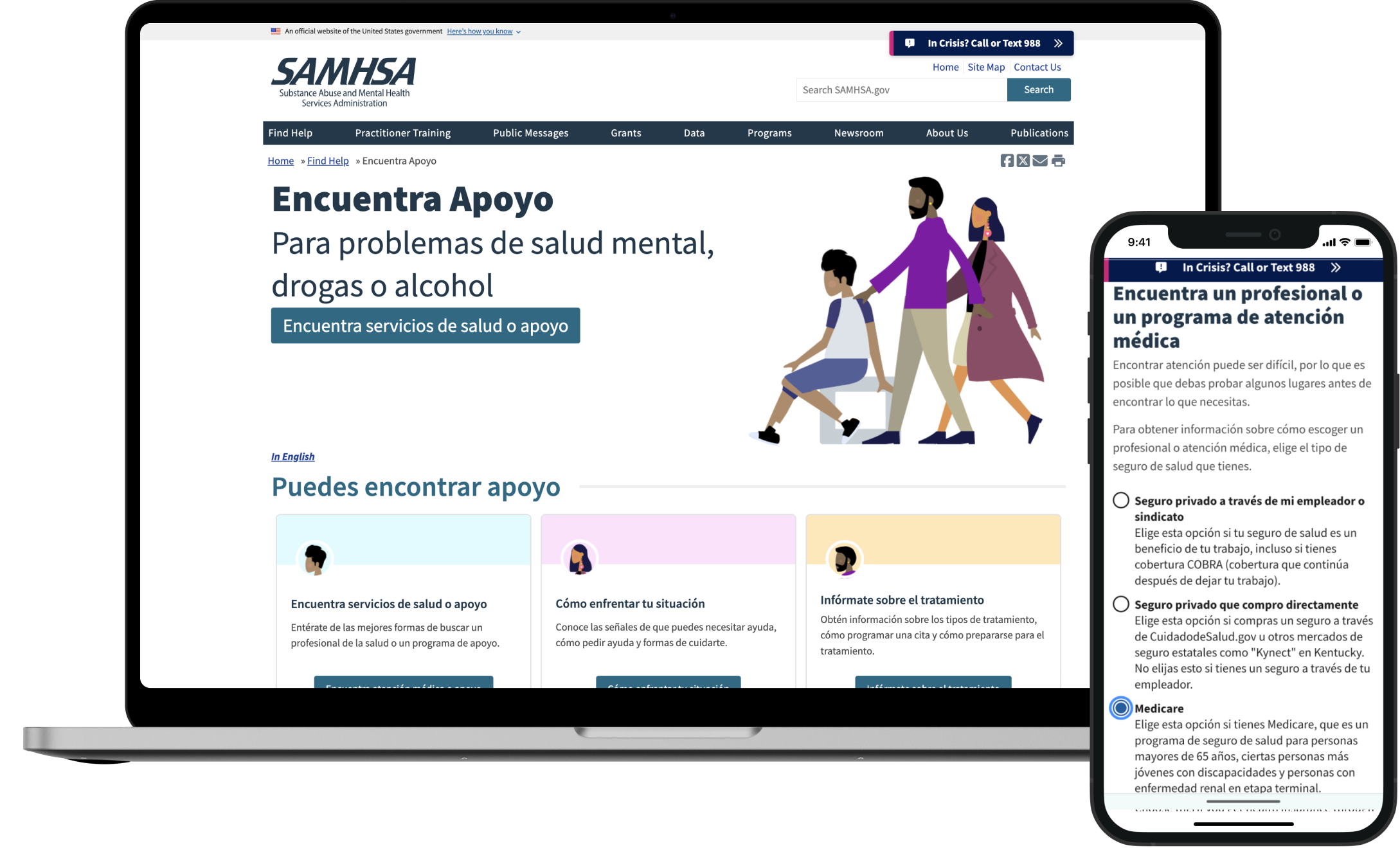 A website and smart phone mockup displaying Findsupport.gov in spanish
