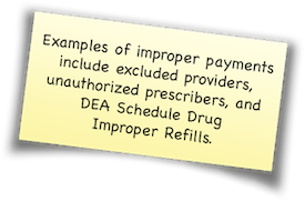Examples of improper payments include excluded providers, unauthorized prescribers, and DEA Schedule Drug Improper Refills