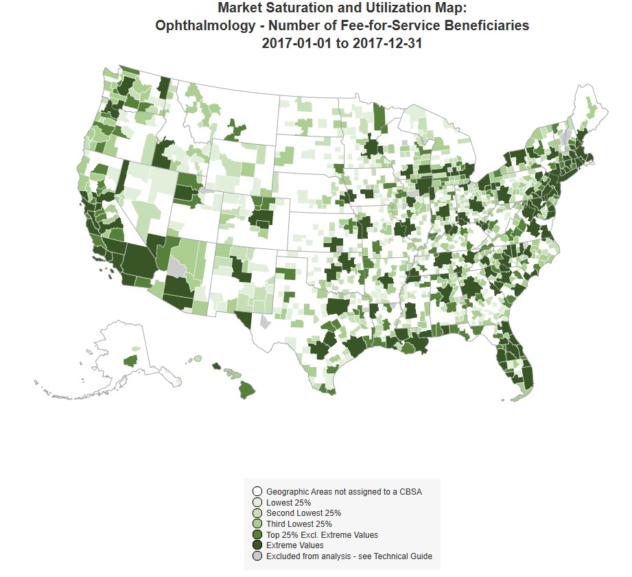 Map 3. Ophthalmology: CBSA Distribution of Number of Fee-for-Service Beneficiaries January 1, 2017 – December 31, 2017 Color by Distribution Status