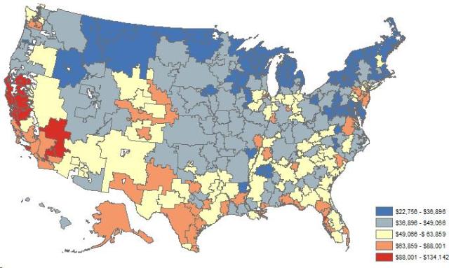 Map 1: This map shows the variation in average hospital inpatient charges for services that might be provided in connection with certain joint replacements (MS-DRG 470) by hospital referral region in 2012.  Charges range from a low of $22,756 to a high of $134,142.