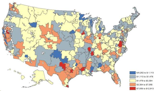 Map 2: This map shows the change in average inpatient charges for services that might be provided in connection with certain joint replacements (MS-DRG 470) by hospital referral region between 2011 and 2012.  Changes range from a low of -$6,252 to a high of $12,913.