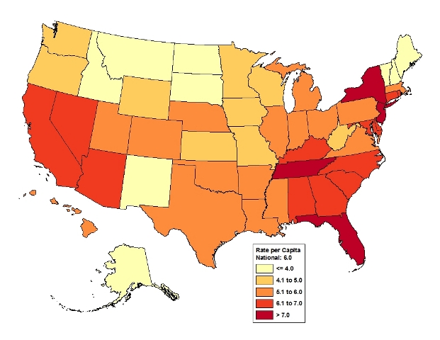 Map 1 shows a U.S. map with the average number of Medicare office visits per capita for each state. The map shows the rates are highest in New York, New Jersey, Tennessee, and Florida. The rates are lowest in the Central and Pacific Northwest. 