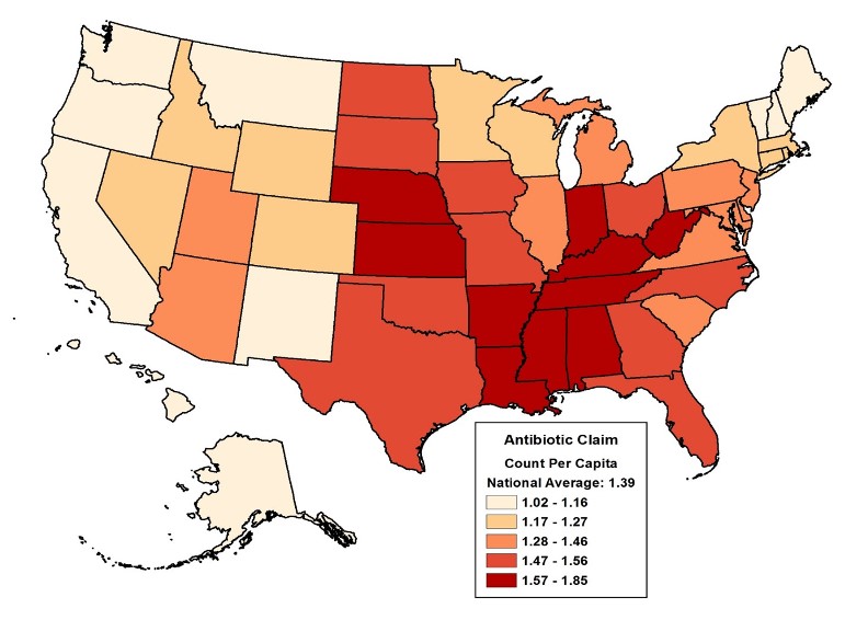 Figure 2 shows a U.S. map of antibiotic prescribing rates by State in 2014.  The map shows that states in the South and Midwest have the highest rates. It shows that Nebraska, Kansas, Arkansas, Louisiana, Mississippi, Alabama, Tennessee, Kentucky, Indiana, and West Virginia have claim per capita rates between 1.57 and 1.85, higher than the national average of 1.39. The lowest antibiotic prescribing rates are in the Northeast and West, particularly, Main, New Hampshire, Vermont, New Mexico, Montana, Washington, Oregon and California. In these states there were an average of 1.02 – 1.16 Antibiotics prescribed per beneficiary. 