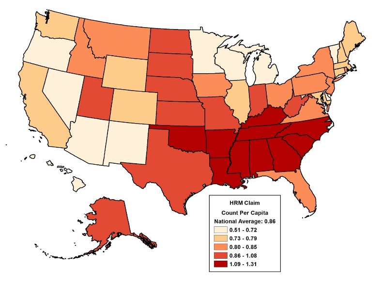 Figure 3 shows a U.S. map of average number of high-risk medications prescribed to elderly beneficiaries in the U.S. The map shows that the south and Midwest have the highest rate of prescribing high-risk medications, particularly, Oklahoma, Arkansas, Louisiana, Mississippi, Alabama, Georgia, South Carolina, North Carolina, Tennessee and Kentucky. These states saw an average of 1.09 to 1.31 high-risk medications per each elderly beneficiary.  The lowest rates were found in Vermont, Delaware, Michigan, Wisconsin, Minnesota, New Mexico, Arizona, Nevada, and Oregon.  In the states with the lowest rates an average of 0.51 and 0.72 high-risk medications were prescribed per elderly beneficiary.   